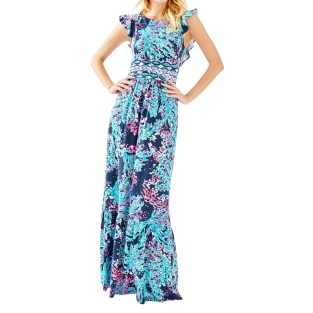 Lilly Pulitzer Dress Womens Medium Blue‎ Tropical Flutter Empire Waist Maxi NEW